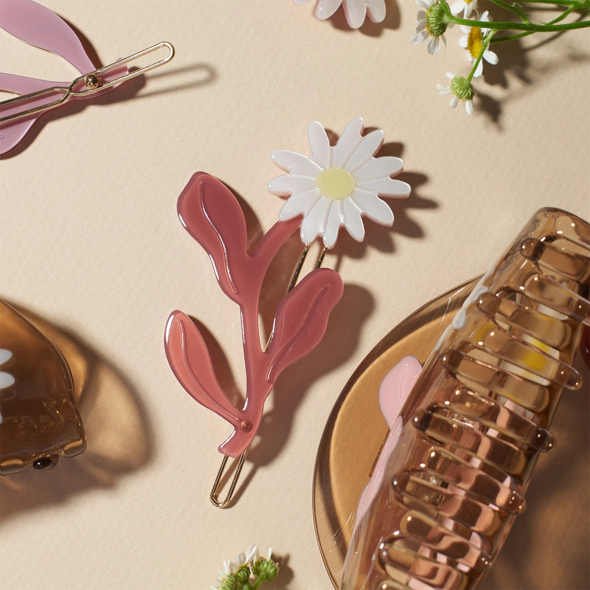 Winona Irene Marguerite Daisy Flower Barrette Hair Clip Pair close up view with other clips