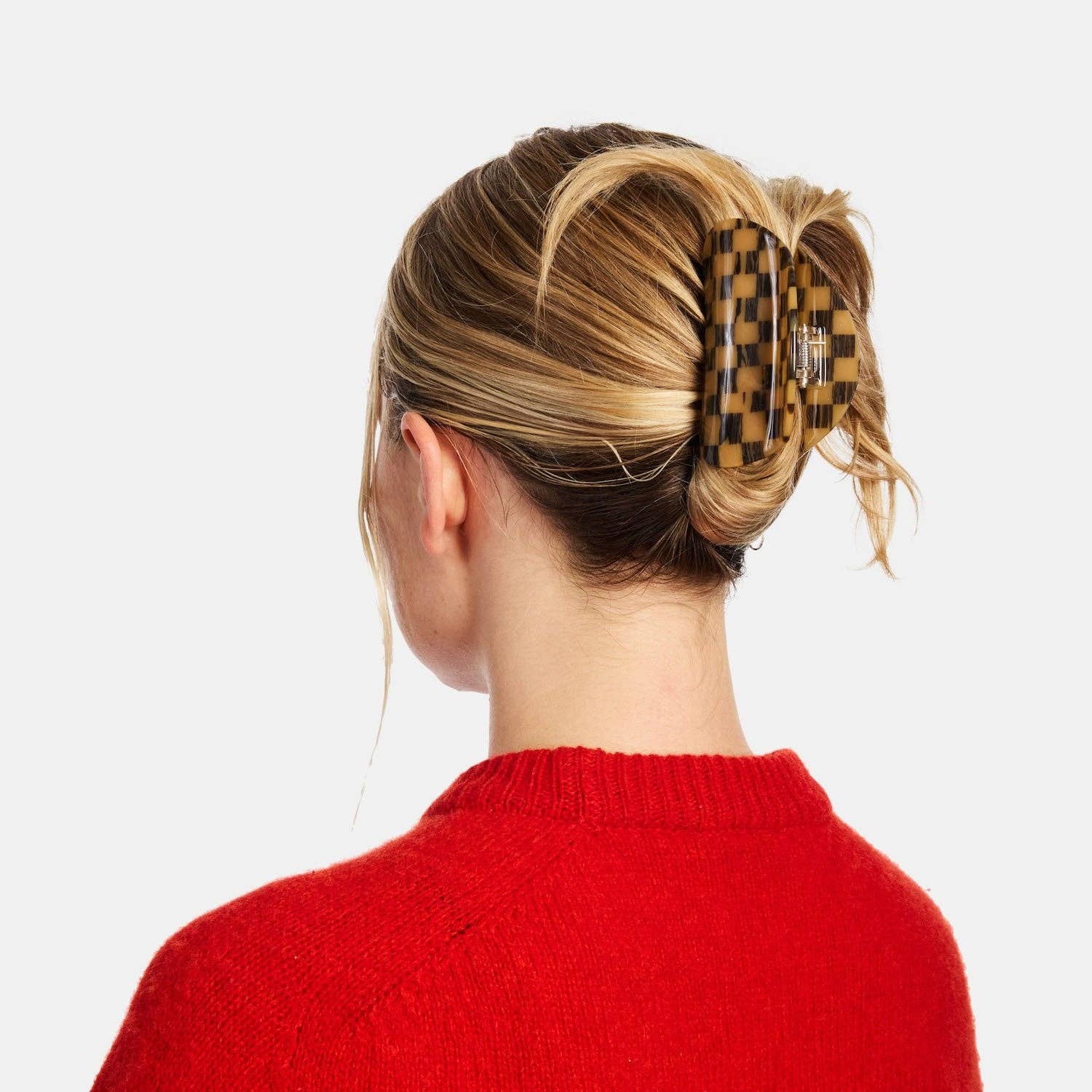 CHUNKS Checker Hair Claw in Mocha being worn by a model with brown blond hair in an up do