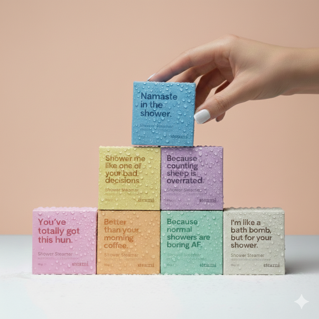 Stack of colorful shower steamers with humorous text on a beige background